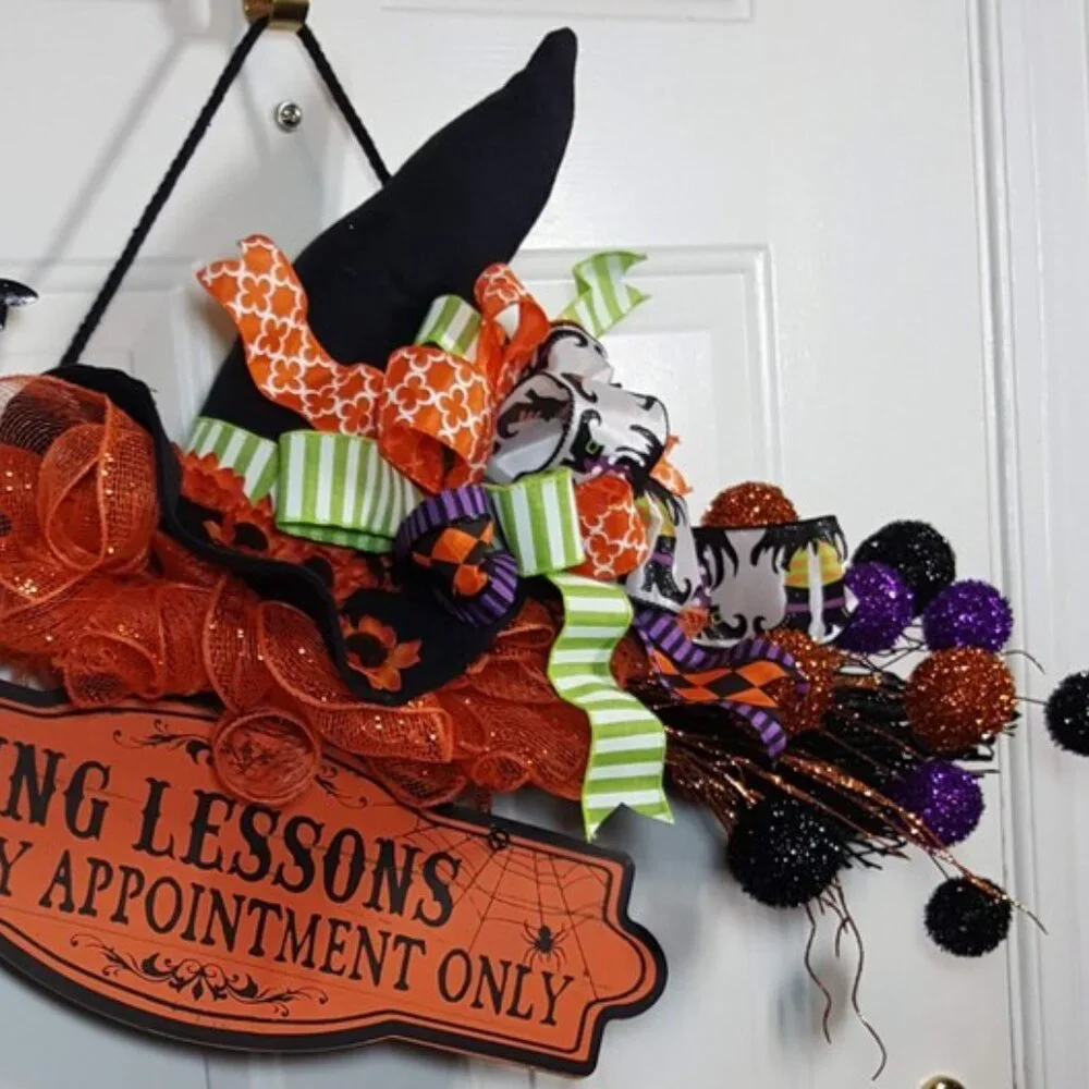 Witch's Flying Broom Stick Halloween Wreath, Flying Lesson Broom Wreath